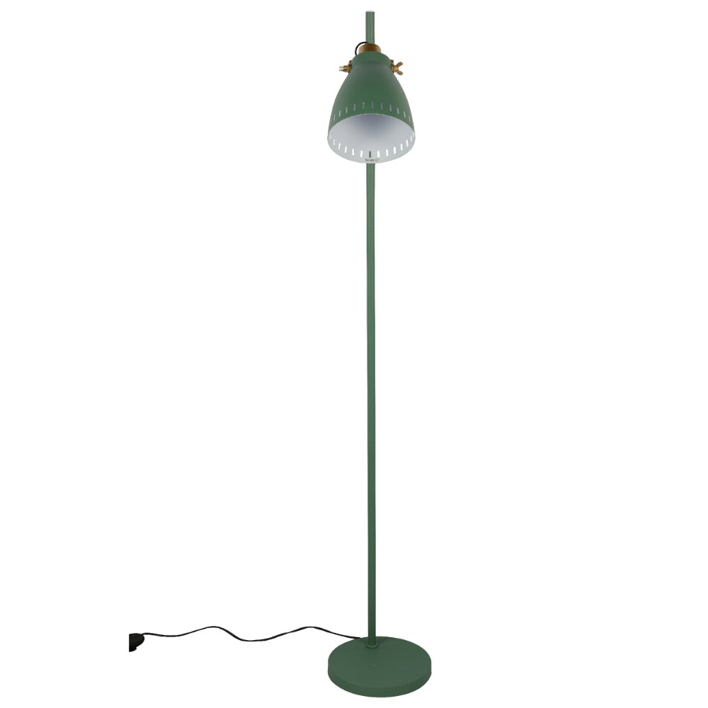 Lámpara de pie con sombra cónica y detalles dorados, ideal para salas modernas y decoraciones versátiles.