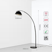 Lámpara de pie curva negra con pantalla de cúpula, ideal para salas modernas con un toque elegante.