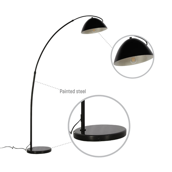 Lámpara de suelo curva negra con pantalla dome, ideal para salas modernas o rincones acogedores con estilo contemporáneo.