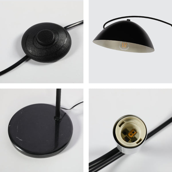 Lámpara de suelo curva negra con pantalla en cúpula, perfecta para salones modernos y elegantes.