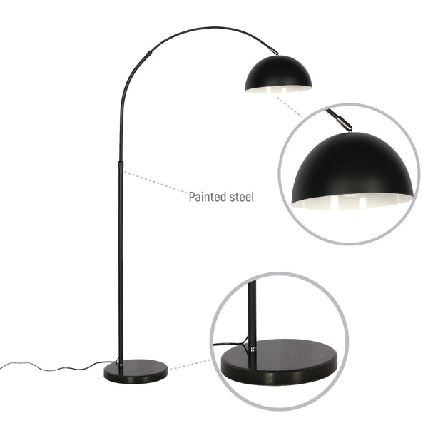 Lámpara de pie curva con pantalla dome rotativa en negro, perfecta para salones de estilo contemporáneo y moderno.