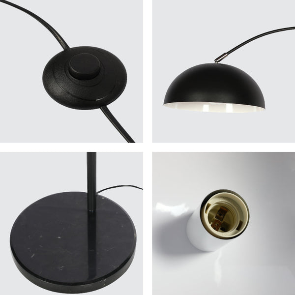 Lámpara de pie curva con sombra domo rotativa, perfecta para salas modernas y espacios acogedores.
