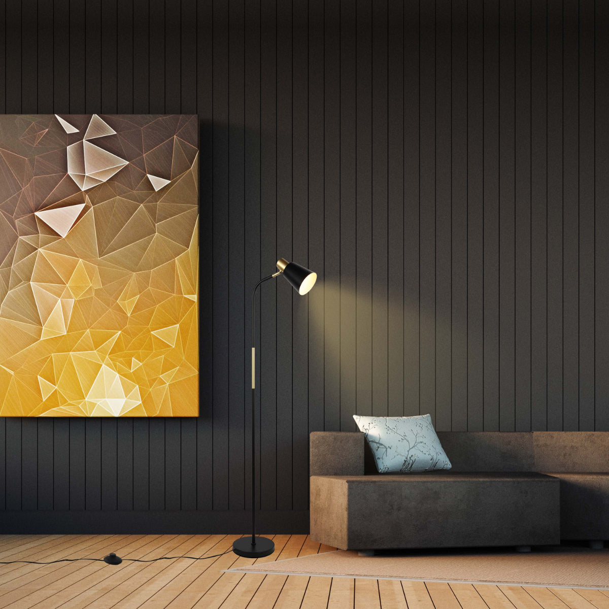 Lámpara de pie con diseño elegante y acentos dorados, ideal para salas de estar con decoración moderna y acogedora.