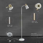 Lámpara de pie moderna con acentos dorados, ideal para salones con decoración contemporánea. Diseño flexible para iluminación personalizada.
