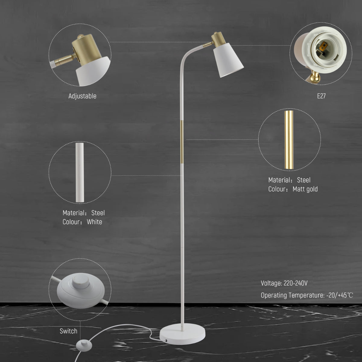Lámpara de pie moderna con acentos dorados, ideal para salones con decoración contemporánea. Diseño flexible para iluminación personalizada.