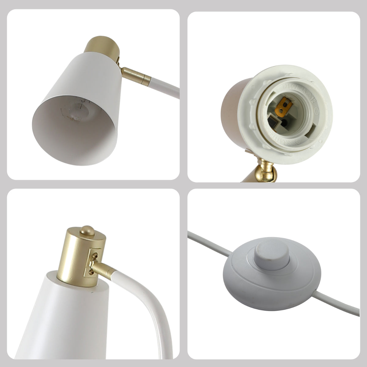 Lámpara de pie con diseño curvado y acentos dorados, ideal para salas de estar con decoración contemporánea y elegante.