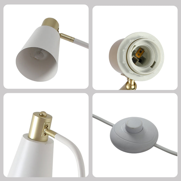 Lámpara de pie con diseño curvado y acentos dorados, ideal para salas de estar con decoración contemporánea y elegante.