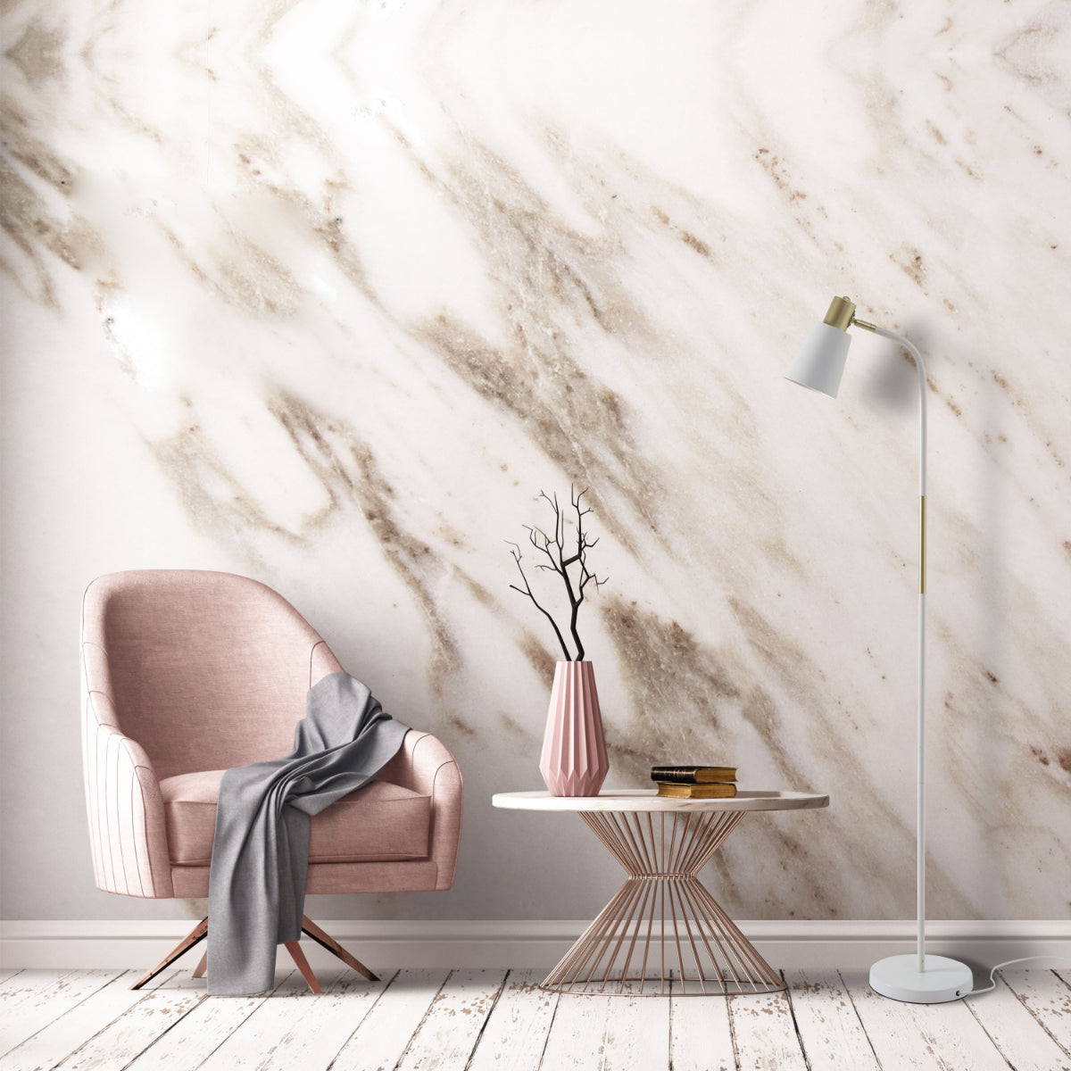 Lámpara de pie con diseño curvado y acentos dorados, perfecta para salas de estar con estilo moderno y contemporáneo.
