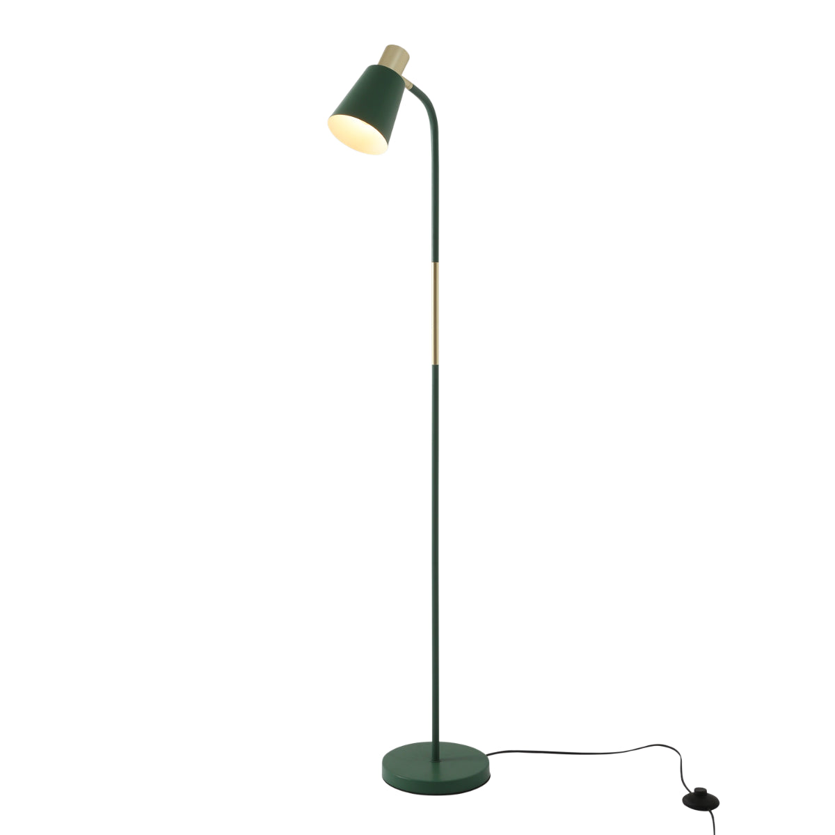 Lámpara de pie con diseño curvado y acabados dorados, ideal para salones modernos y decoraciones elegantes.