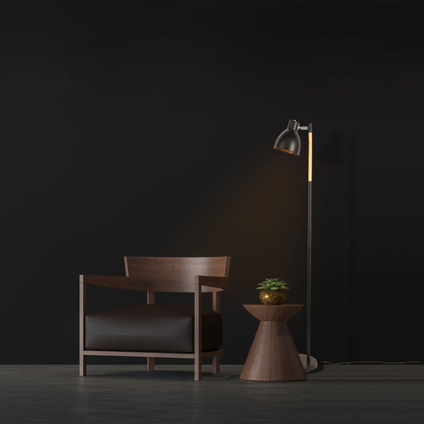 Lámpara de pie nórdica con base de madera y pantalla rotativa, perfecta para salones modernos y minimalistas.