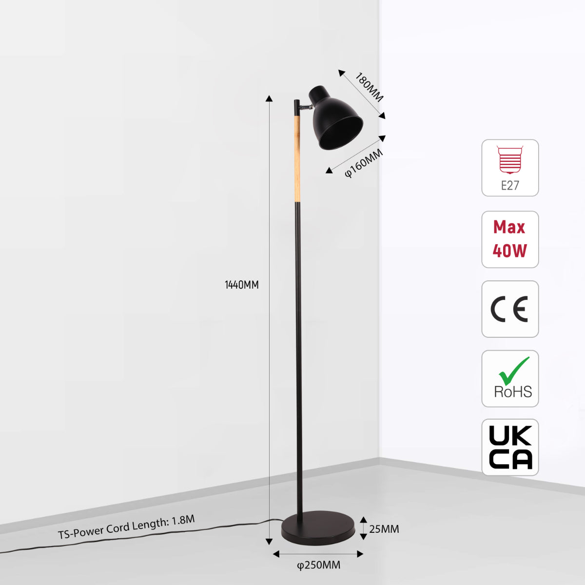 Lámpara de pie nórdica con acentos de madera, ideal para salas de estar con un estilo moderno y funcional. Pantalla rotativa para mayor versatilidad.