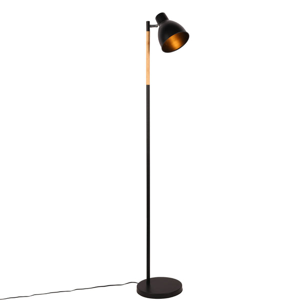 Lámpara de pie nórdica con acentos de madera, ideal para salón contemporáneo, con pantalla rotativa y diseño elegante.