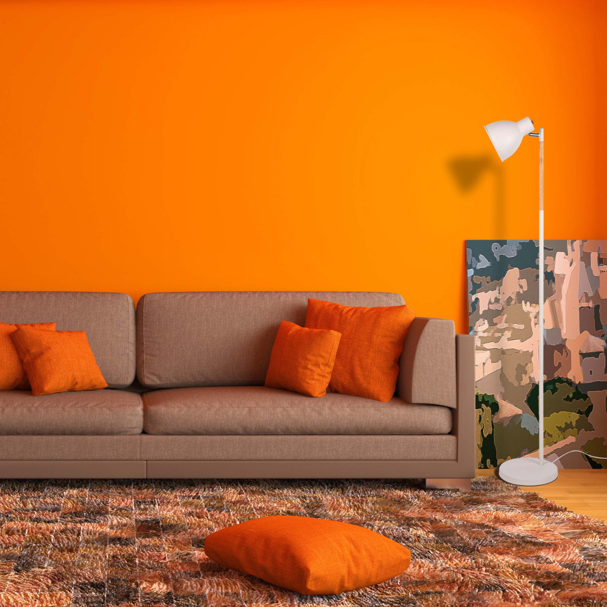 Lámpara de pie nórdica con acentos de madera y pantalla rotatable, ideal para salas de estar con estilo escandinavo moderno.