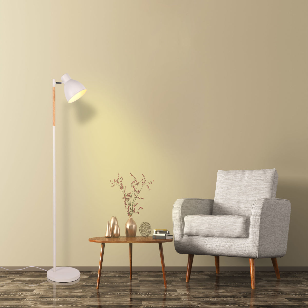 Lámpara de pie nórdica con acabado de madera, ideal para salones modernos, con pantalla rotativa para iluminación ajustable.