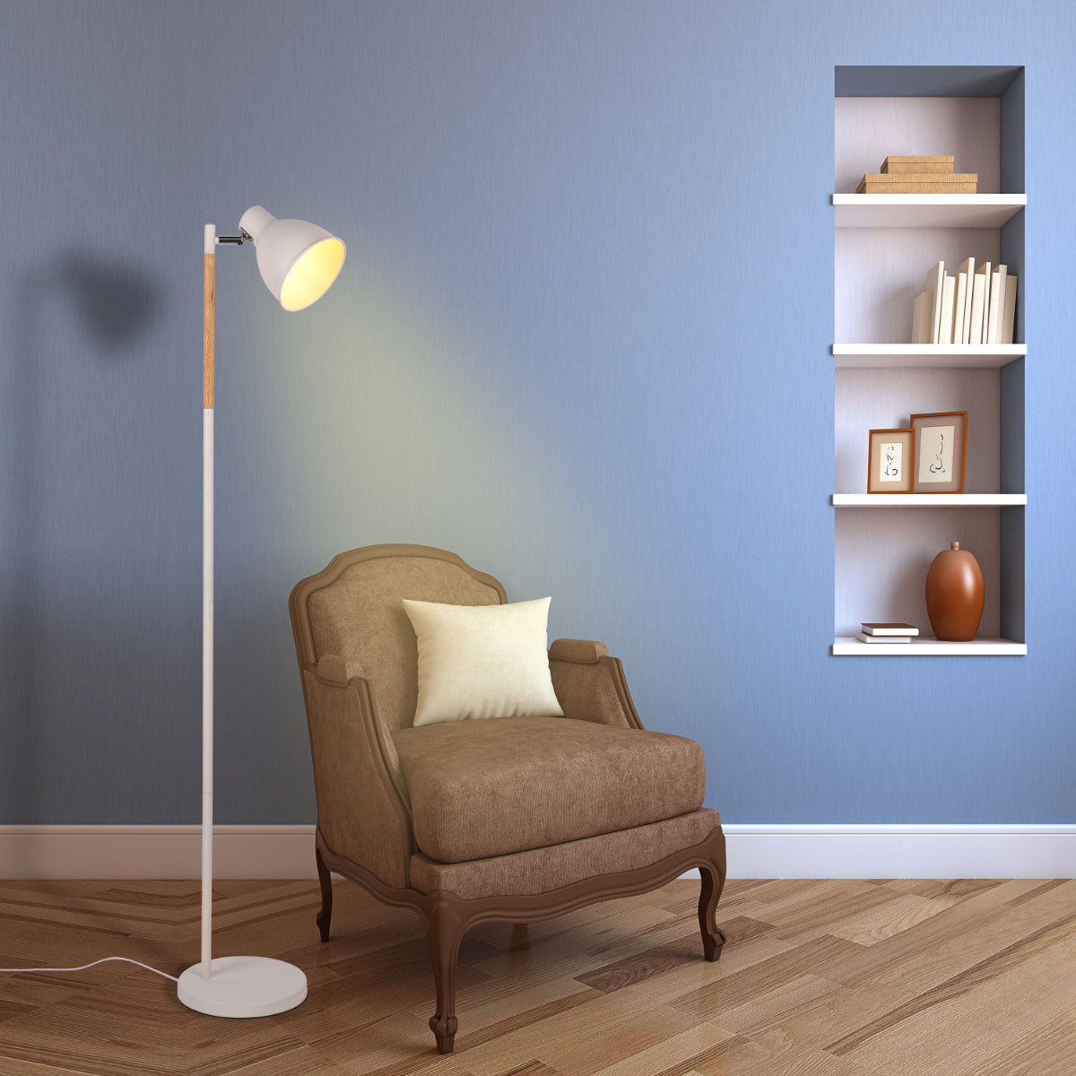 Lámpara de pie nórdica con acentos de madera, ideal para salas de estar con decoración moderna y contemporánea.