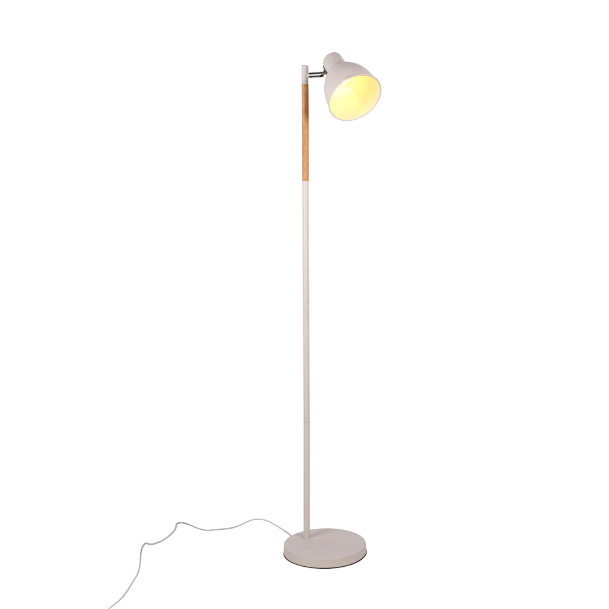 Lámpara de pie nórdica con base de madera y pantalla rotativa, perfecta para salas de estar con decoración contemporánea.