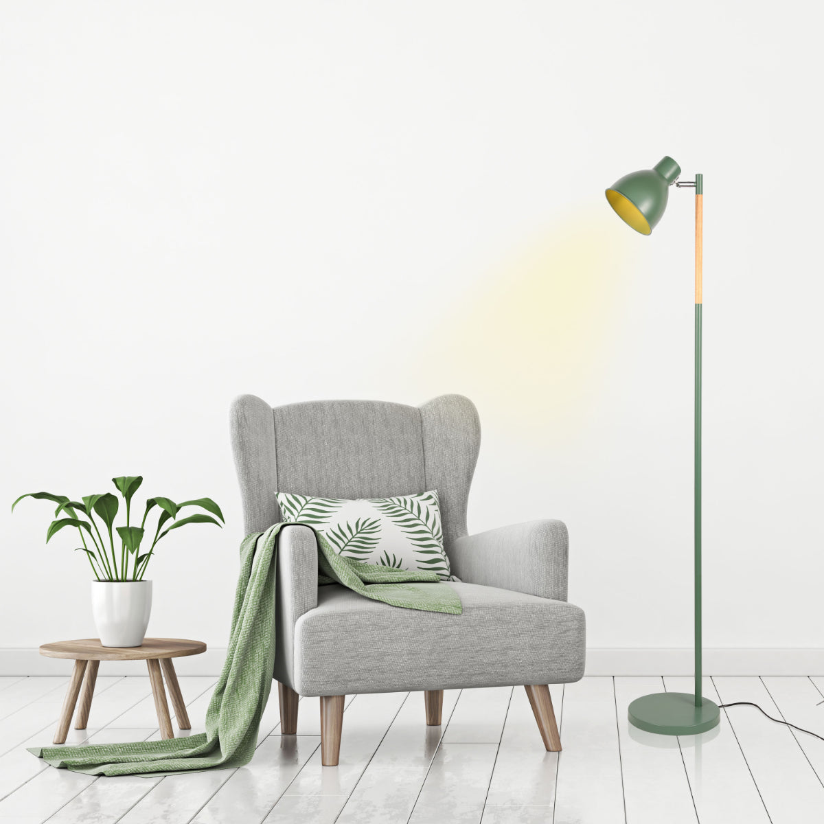 Lámpara de pie nórdica con acento de madera, ideal para salas modernas, con pantalla rotatable para iluminación versátil.