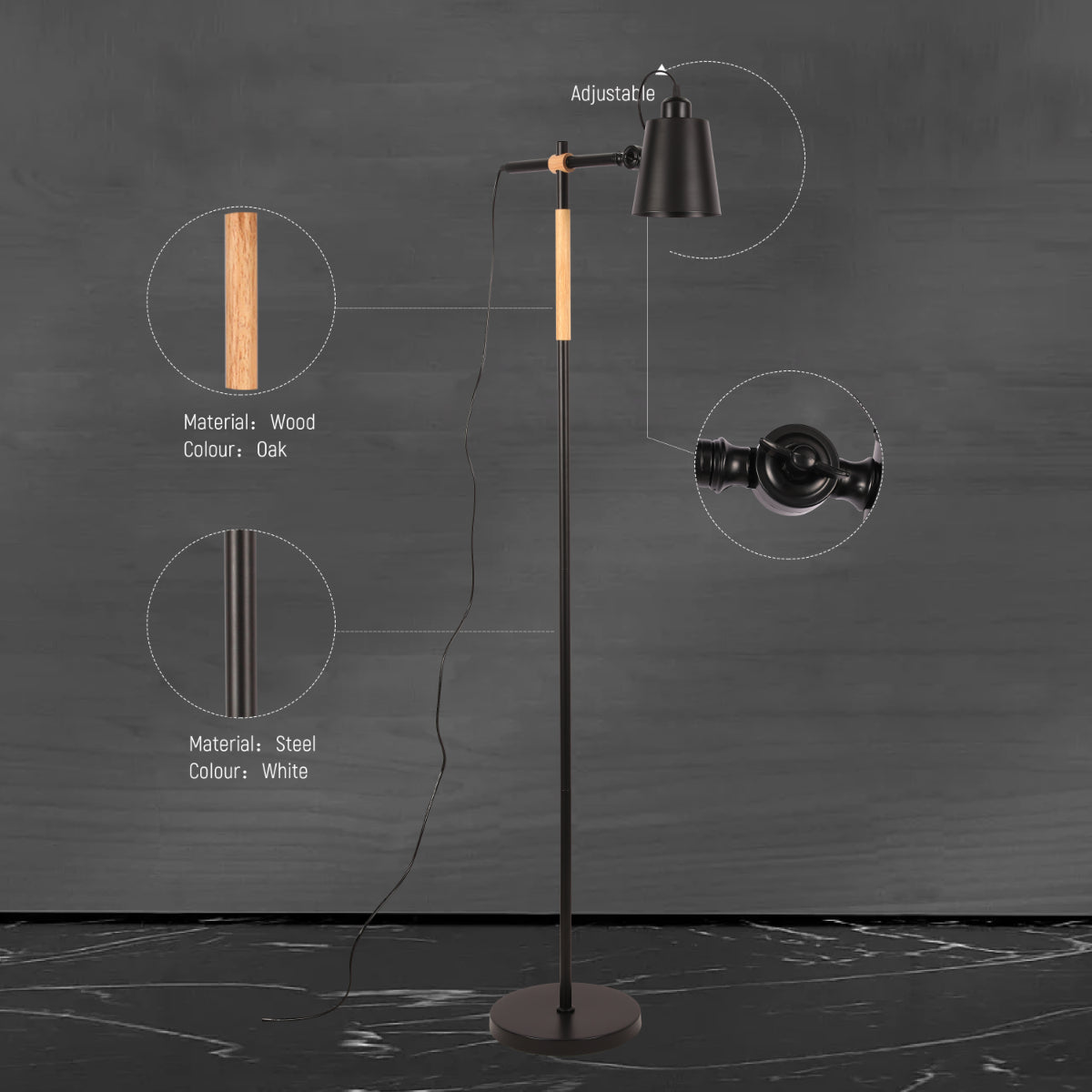 Lámpara de pie nórdica con detalles en madera de roble, ideal para salones de estilo moderno y minimalista.