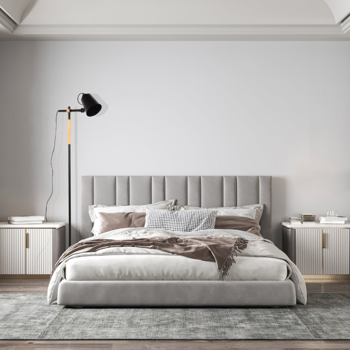 Lámpara de pie nórdica con detalle en madera de roble, ideal para salones modernos con un estilo elegante y minimalista.