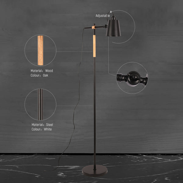 Lámpara de pie nórdica con detalles de madera de roble, perfecta para salones modernos y espacios minimalistas.