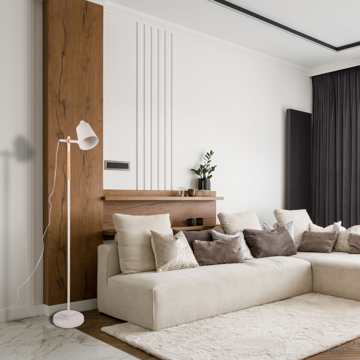 Lámpara de pie nórdica elegante con detalles de madera de roble, ideal para salones modernos y decoraciones minimalistas.