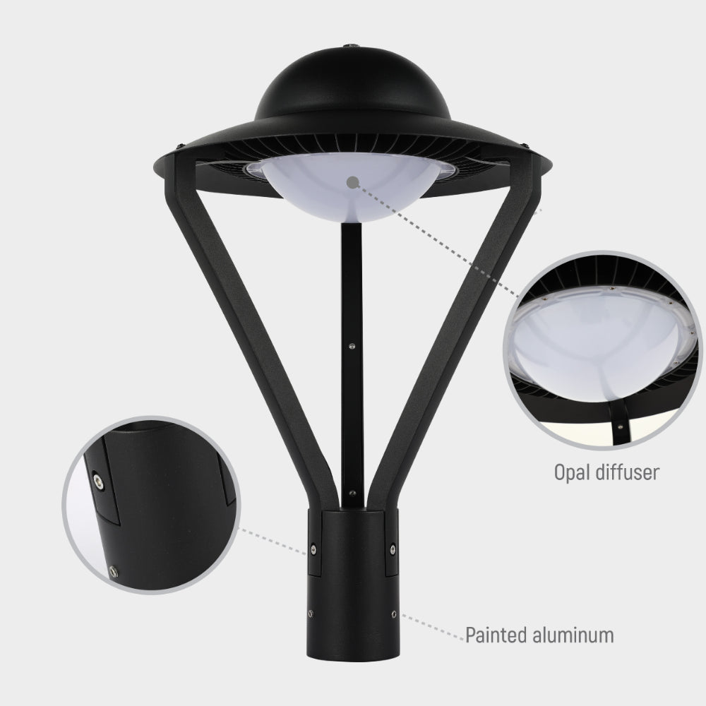 Lámpara de jardín tipo UFO LED de 60W, ideal para espacios exteriores con decoración moderna y funcional, proporcionando iluminación versátil.