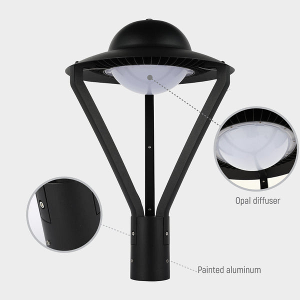 Lámpara de jardín tipo UFO LED de 60W, ideal para espacios exteriores con decoración moderna y funcional, proporcionando iluminación versátil.
