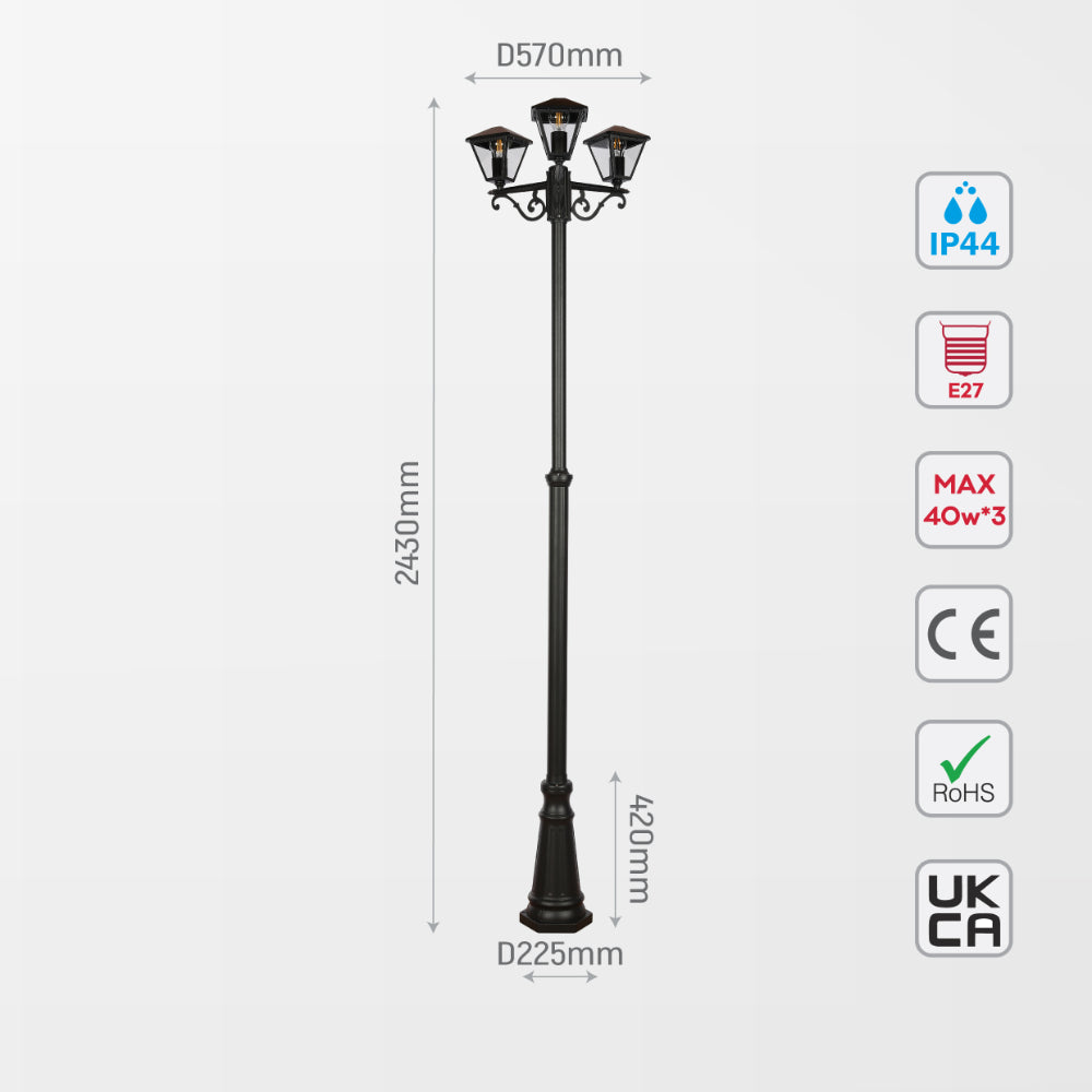 Lámpara de jardín en forma de farola, ideal para caminos al aire libre, con diseño moderno y estructura negra para exteriores.