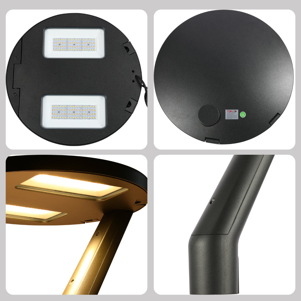 Lámpara de jardín LED en poste, ideal para iluminar caminos en exteriores con estilo contemporáneo y funcional.