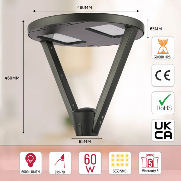Lámpara de jardín LED de 60W, ideal para iluminar caminos y espacios exteriores con un estilo moderno y funcional.