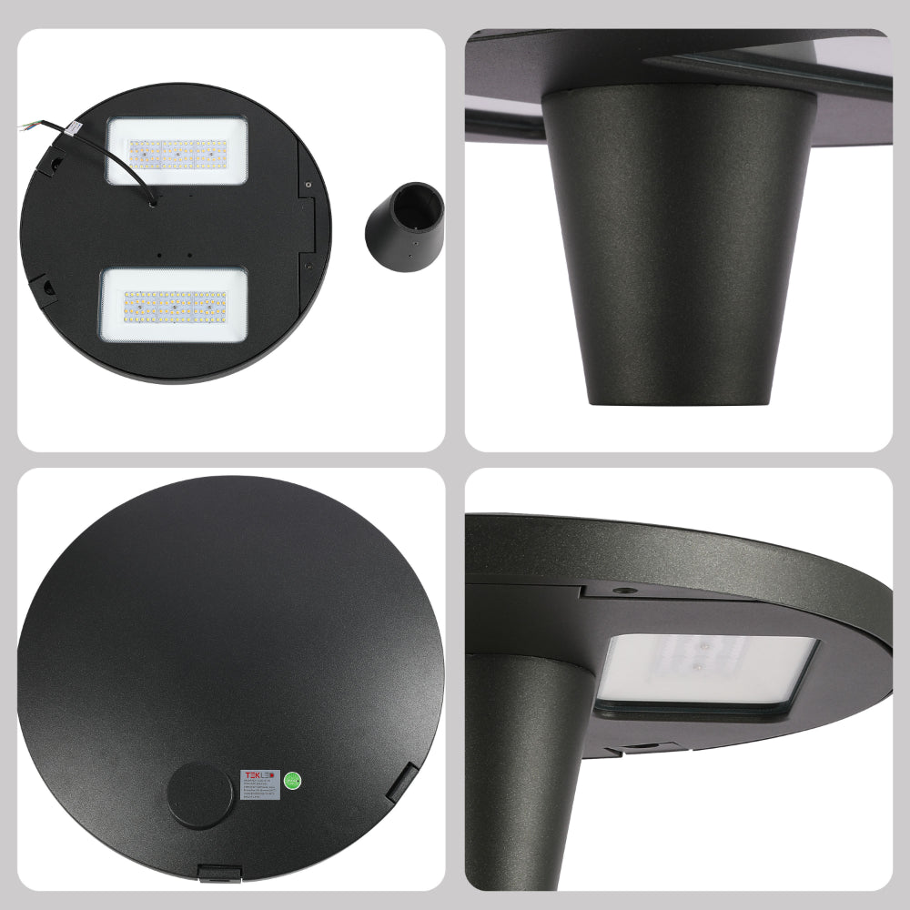 Lámpara de jardín tipo farola LED de 60W en un entorno exterior, perfecta para caminos y estilos contemporáneos de paisajismo.