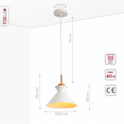 Product dimensions of white metal wood neck pendant light small e27