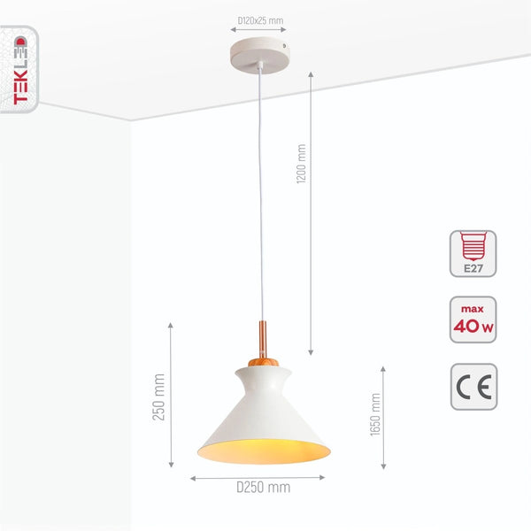 Product dimensions of white metal wood neck pendant light small e27