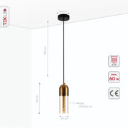 Product dimensions of amber glass gold aluminium bronze plated top cylinder pendant light e27