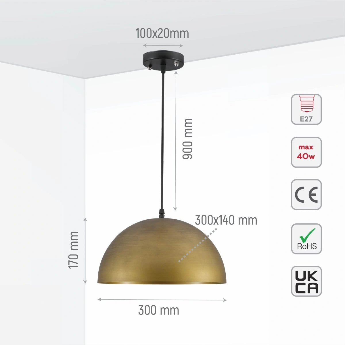 Size and specs of diameter with 300 mm Yellow Brass Finish dome Metal Pendant Ceiling Light E27 Fitting 159-17750