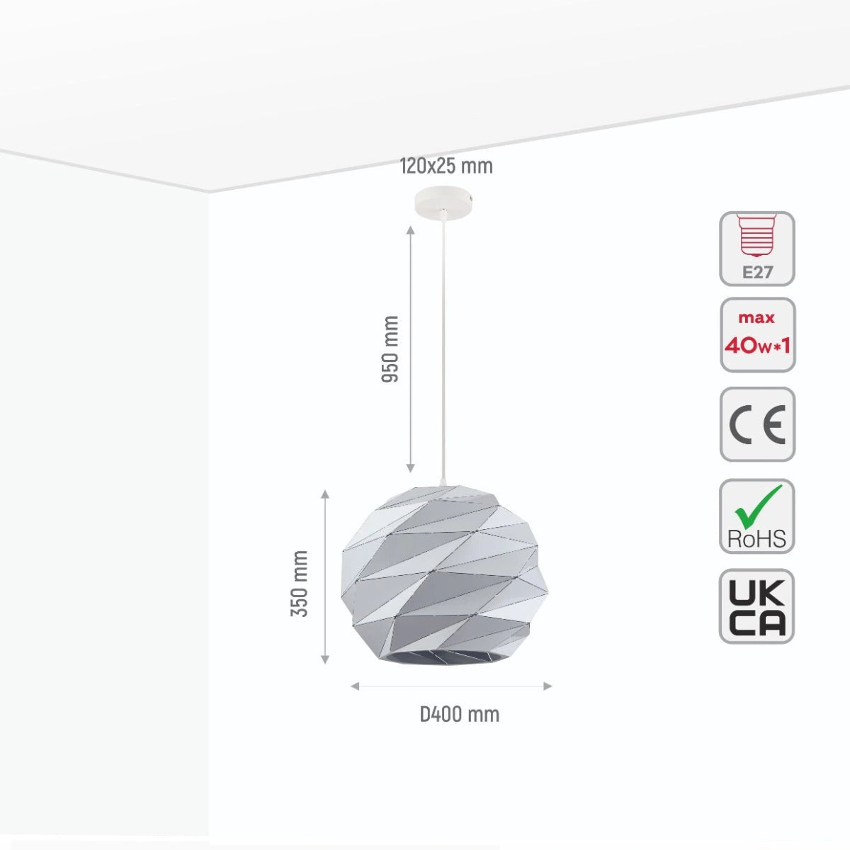 Size and specs of White Metal Laser Cut Globe Pendant Ceiling Light XLarge with E27 | TEKLED 150-18156