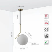 Size and specs of Antique Brass Metal Opal White Glass Globe Pendant Ceiling Light D200 with E27 Fitting | TEKLED 158-19662