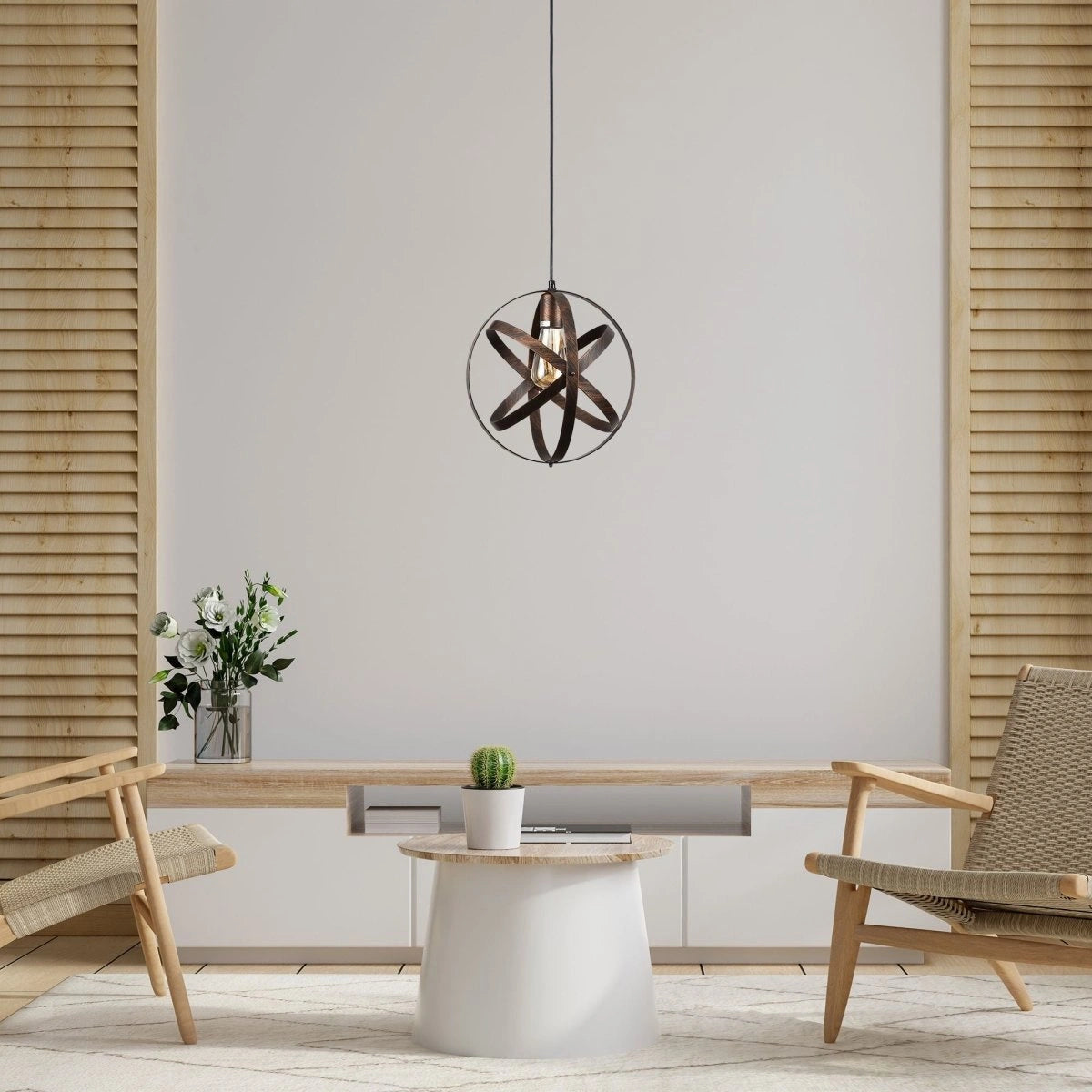 Rusty metal caged globe pendant light with e27 fitting in indoor setting coffee table top living room
