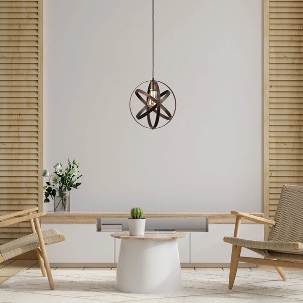 Rusty metal caged globe pendant light with e27 fitting in indoor setting coffee table top living room