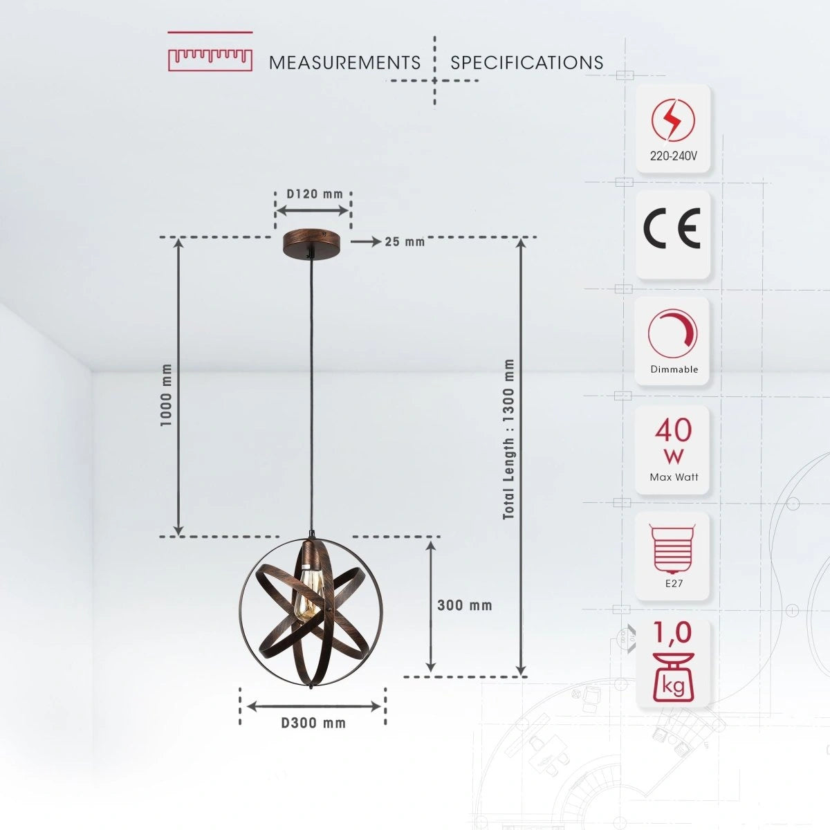 Product dimensions of rusty metal caged globe pendant light with e27 fitting
