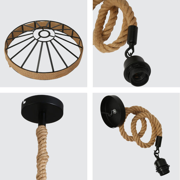 Primer plano de luminaria colgante de metal negro con jaula de cuerda de yute, perfecta para espacios industriales y decoraciones rústicas.