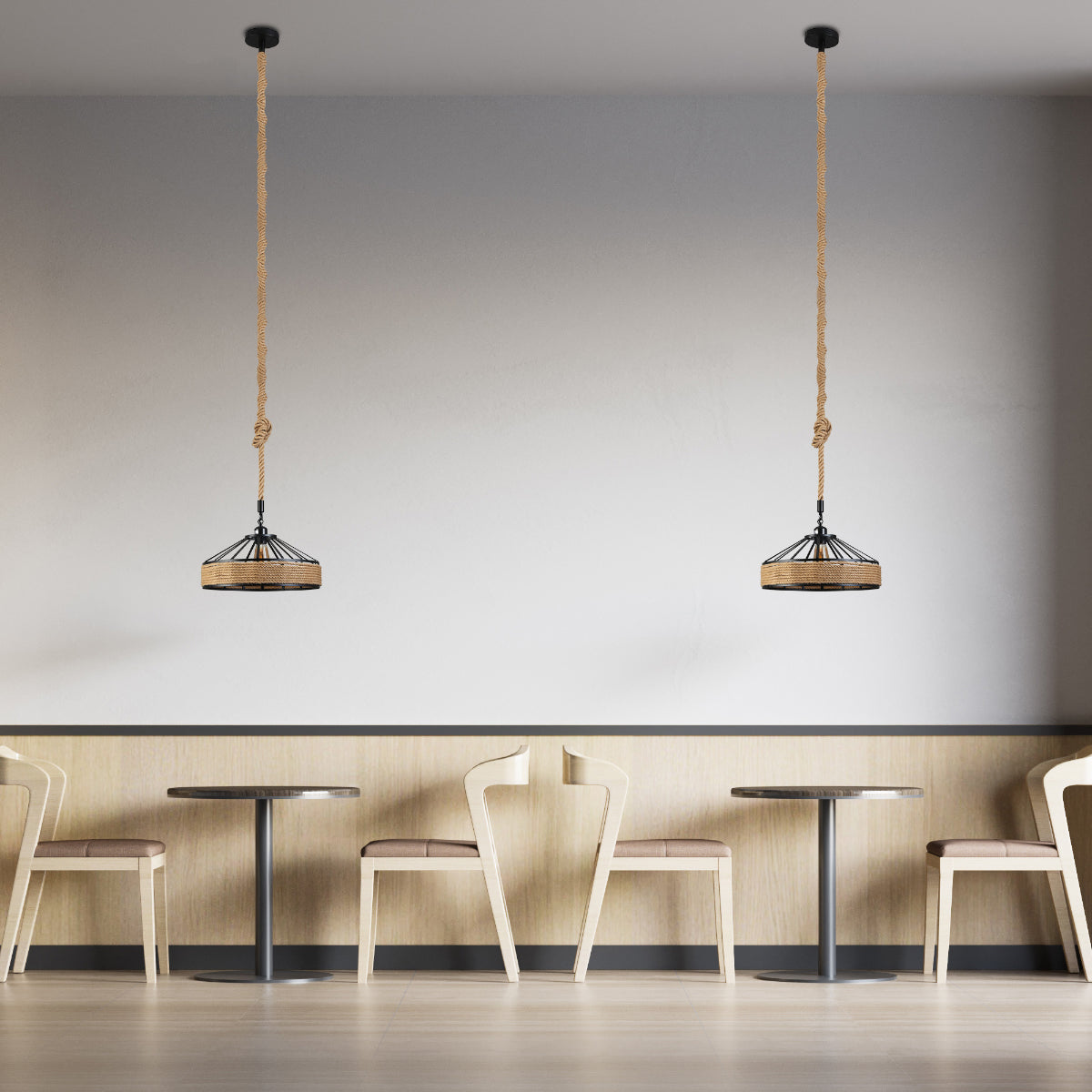 Imagen de una lámpara colgante de metal negro y cuerda de yute, perfecta para iluminar cafeterías con estilo industrial.