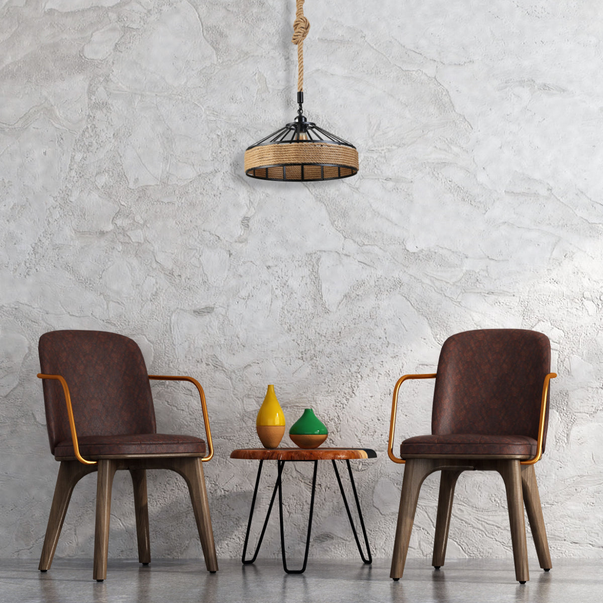 Lámpara colgante de metal negro con jaula de cuerda de yute, ideal para un ambiente rústico en comedores o salones modernos.