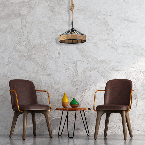 Lámpara colgante de metal negro con jaula de cuerda de yute, ideal para un ambiente rústico en comedores o salones modernos.