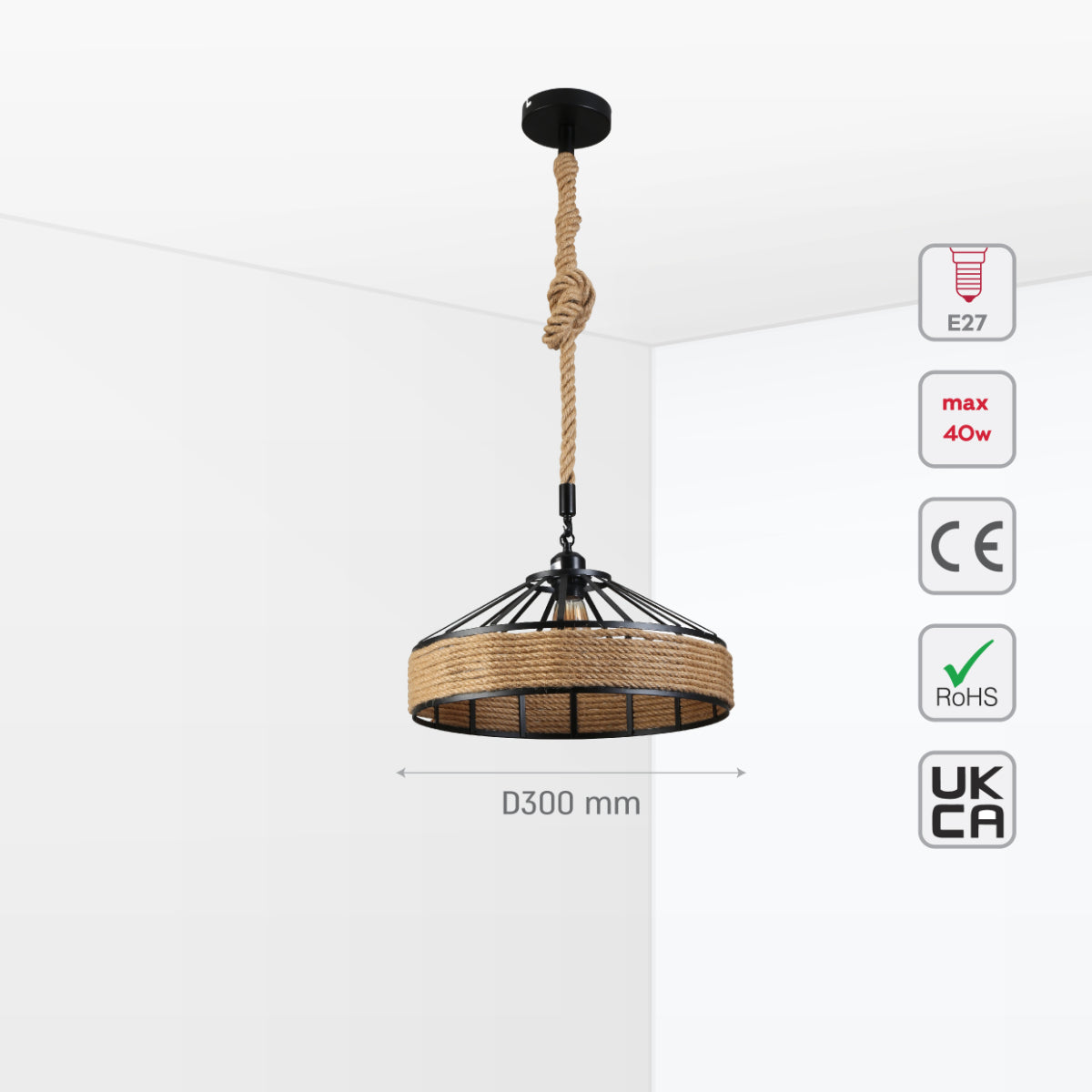 Lámpara colgante con jaula de metal negro y cuerda de yute, perfecta para comedores con estilo industrial.