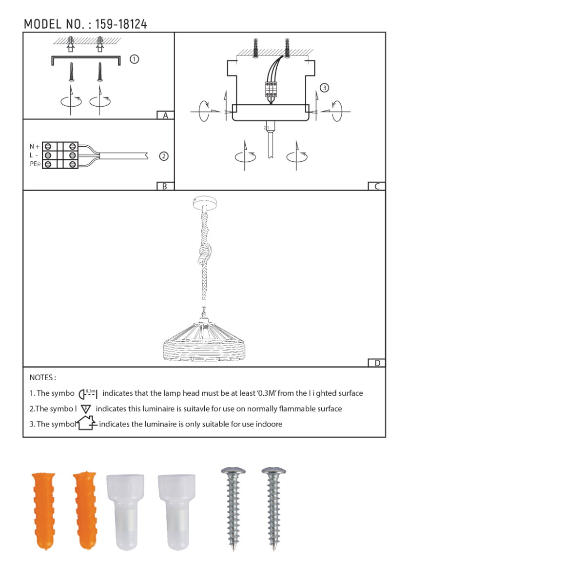 Dibujo técnico de la lámpara colgante de metal negro con jaula de cuerda de cáñamo, mostrando dimensiones e instrucciones de instalación.