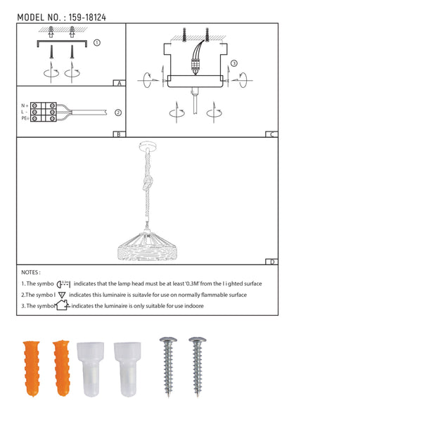 Dibujo técnico de la lámpara colgante de metal negro con jaula de cuerda de cáñamo, mostrando dimensiones e instrucciones de instalación.