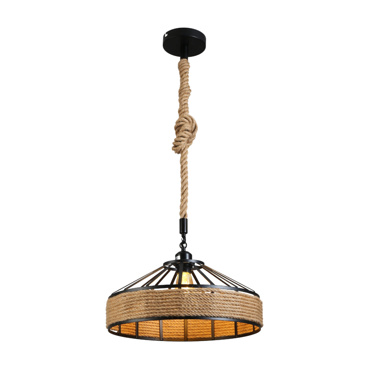 Lámpara colgante de jaula de metal negro y cuerda de yute, perfecta para ambientes industriales y comedores modernos.