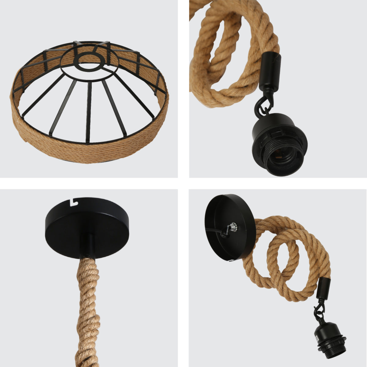 Primer plano de una lámpara colgante de metal negro con jaula de cuerda de yute, ideal para espacios industriales y rústicos.