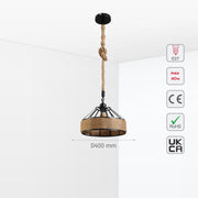 Lámpara de techo tipo jaula de metal negro con cuerda de yute, ideal para espacios rústicos y modernos como comedores o cocinas.